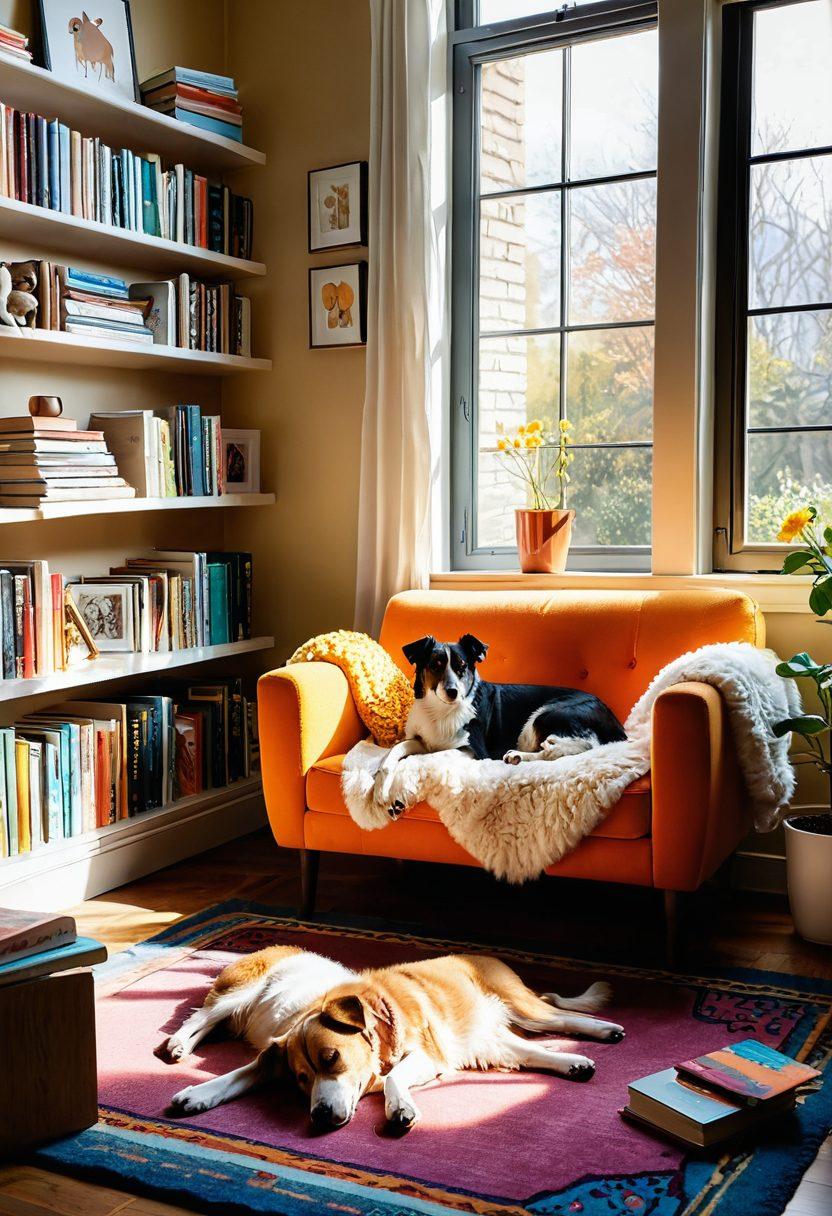 A whimsical illustration of a cozy living space filled with various furry companions, such as dogs and cats, lounging around. In the background, a shelf overflowing with colorful books about pet care and furry lifestyles, and a soft armchair draped in a knitted blanket. Soft sunlight filtering through a window, casting gentle shadows. Include playful elements like pawprints on the floor and a bowl of treats on a table. vibrant colors. cartoon style.