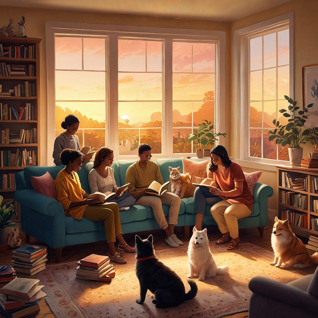 A whimsical illustration of a cozy living room where a diverse group of people and their furry companions are sharing stories, surrounded by books adorned with fluffy designs, emphasizing a sense of community and lifestyle. The atmosphere is warm, with elongated shadows from the setting sun streaming through a window, creating a sense of adventure. Playful colors and cartoon-like characters bring the scene to life. vibrant colors. cozy ambiance. digital illustration.