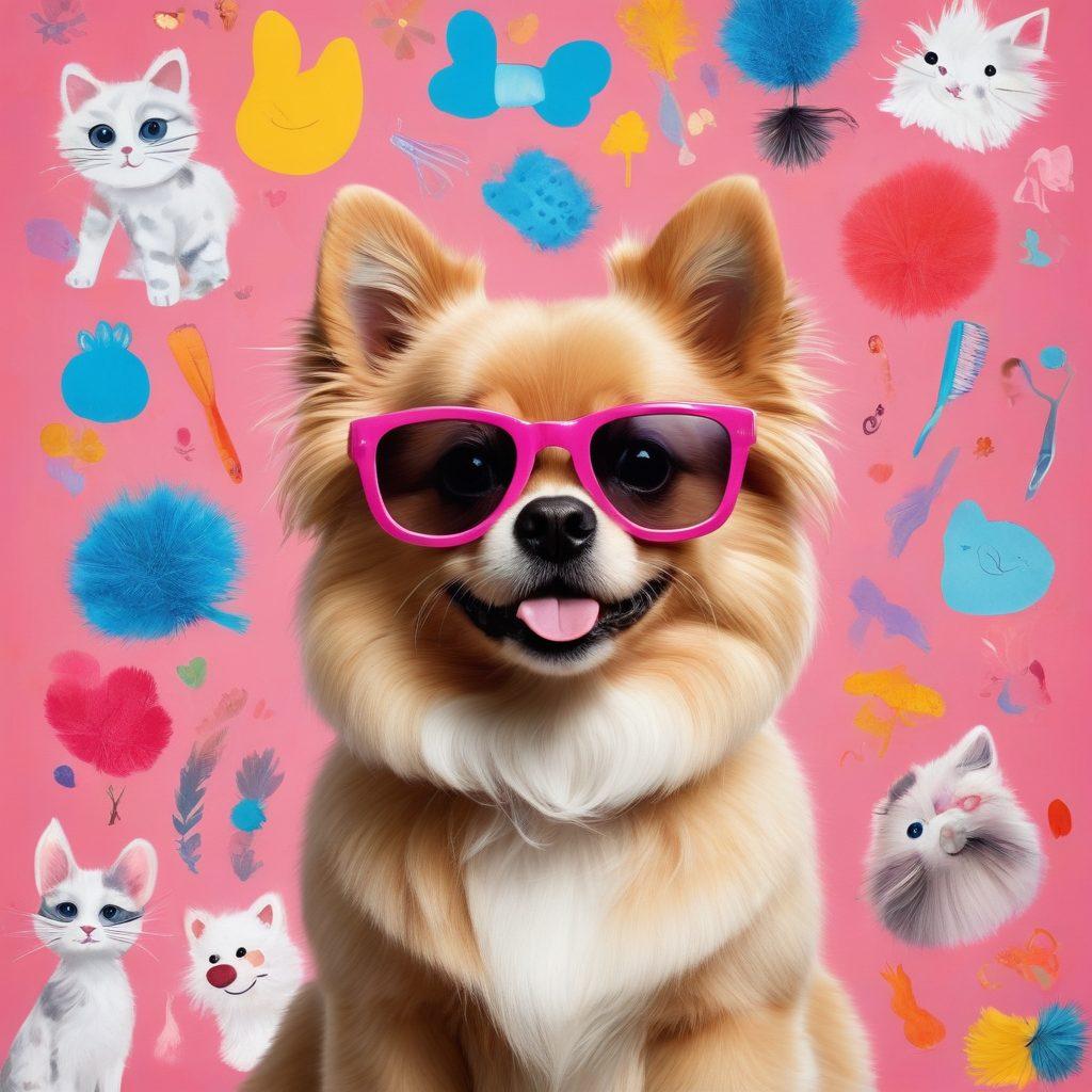 A whimsical collage featuring a variety of stylishly groomed pets, showcasing grooming tools like brushes and scissors, interspersed with funny cartoonish illustrations of furry animals in humorous, playful situations. The background should have vibrant colors to evoke joy and excitement, with playful patterns that reflect the furry adventures theme. Include elements like pet hair flying in the air and comical expressions on the animals' faces. Illustrative style enhanced with bright, cheerful aesthetics.